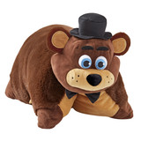 Freddy Fazbear Pillow Pet in plush character form, featuring brown fur, a black top hat, black bow tie, and blue eyes.