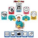 Infographic highlighting the Perry the Platypus Pillow Pet's super-soft plush, pet-to-pillow design, and uses for reading, travel, naps, and sleepovers.