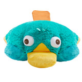 Perry the Platypus Pillow Pet unfolded into a soft plush pillow with Perry's head at one end and his teal body extending across the pillow.