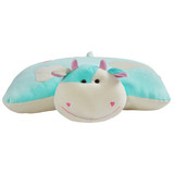 Love Cow Pillow Pet Puff unfolded into a soft plush pillow featuring its smiling face, tiny pink horns, heart-shaped cheeks, and light aqua and white plush.
