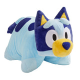 Bluey Pillow Pet folded in plush character form, featuring Bluey's blue fur, cream muzzle, dark blue markings, and pointy ears.