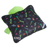 Inside view of the unfolded Oogie Boogie Pillow Pet, featuring a black plush interior with colorful bug illustrations.