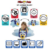 Infographic highlighting the Jumbo Bluey Pillow Pet's super-soft plush, pet-to-pillow design, and uses for reading, travel, naps, and sleepovers.