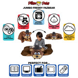 Infographic highlighting the Jumbo Freddy Fazbear Pillow Pet's machine-washable, super-soft plush, pet-to-pillow design, and uses for reading, travel, naps, and sleepovers.