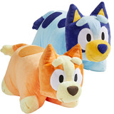 Bluey and Bingo Pillow Pets together in plush character form, featuring Bluey's blue fur and Bingo's orange fur.