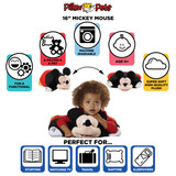 Infographic highlighting the Disney Mickey Mouse and Minnie Mouse Pillow Pet Combo Pack's super-soft plush, pet-to-pillow design, and uses for reading, travel, naps, and sleepovers.