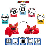 Infographic showing Foxy Pillow Pet in character and pillow forms with key features and uses.