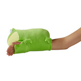 Buddy on the Go Plush Finley Frog worn on a kid's hand, showing its soft wearable sleeve.