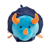 Front view Buddy on the Go Plush Danny Dino featuring orange horns, an orange nose horn, black eyes, and a navy frill.