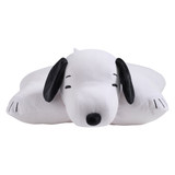 Snoopy Pillow Pet unfolded into a soft plush pillow with Snoopy's head at one end and his white body across the pillow.