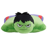 Incredible Hulk Pillow Pet unfolded into a soft plush pillow with Hulk's head at one end and his green body across the pillow.