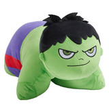 Incredible Hulk Pillow Pet in plush character form, featuring Hulk's green skin, black hair and purple shorts.