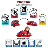 Jumbo Spider-Man Pillow Pet infographic highlighting machine washable, super-soft plush, and uses for studying, watching TV, travel, naptime, and sleepovers.
