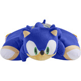 Sonic the Hedgehog Sleeptime Lite unfolded in pillow shape, featuring Sonic's bright blue fur, green eyes, tan muzzle, white gloves, and red shoes.