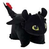Jumbo Toothless Pillow Pet folded into an extra-large plush, featuring the Night Fury dragon's black body, bright green eyes, wings, and red tail fin.