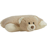 Angled view image of the Weighted Hiro Bear Pillow Pet, showing the front corners and the cute face