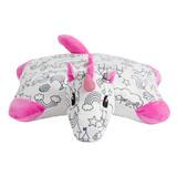 Color On Unicorn Pillow Pet unfolded into a plush pillow featuring black unicorn-themed outlines for coloring.