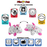 Infographic highlighting the Color On Unicorn Pillow Pet's super-soft plush, color-your-own design, pet-to-pillow design, and uses for studying, watching TV, travel, naptime, and sleepovers.