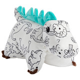Color On Dinosaur Pillow Pet folded in plush character form, featuring a white plush body with black dinosaur-themed outlines for coloring, bright turquoise back plates and brown claws.
