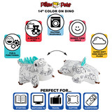 Infographic highlighting the Color On Dinosaur Pillow Pet's super-soft plush, color-your-own design, pet-to-pillow design, and uses for studying, watching TV, travel, naptime, and sleepovers.