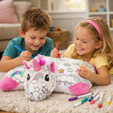 children coloring the Color On Unicorn Pillow Pet with washable fabric markers.