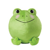 Hoppy Frog Puff featuring soft bright green plush, large raised eyes, rosy cheeks, a sweet face, and matching green feet.