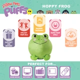 Infographic highlighting the Hoppy Frog Puff's super-soft plush, collectible design, and perfect for room decor, travel, naptime, and gifting.