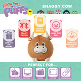 Infographic highlighting the Shaggy Cow Puff's super-soft plush, collectible design, and perfect for room decor, travel, naptime, and gifting.