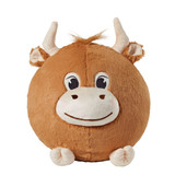 Shaggy Cow Puff featuring soft caramel-brown plush, cream-colored horns, a fluffy tuft of hair, a cream muzzle, and a sweet face.