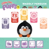 Infographic highlighting the Waddly Penguin Puff's super-soft plush, collectible design, and perfect for room decor, travel, naptime, and gifting.