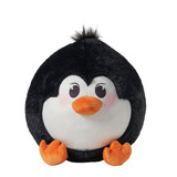 Waddly Penguin Puff featuring soft black and white plush, a bright orange beak and feet, rosy cheeks, and a fluffy tuft of hair.