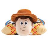 Woody Pillow Pet unfolded into a soft plush cowboy with outstretched arms, wearing his signature brown hat, yellow plaid shirt, cow-print vest, blue jeans, and cowboy boots.