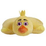 FNAF Chica Pillow Pet plush in bright yellow with an orange beak, purple eyes, and tufted feathers, shown in open pillow form.