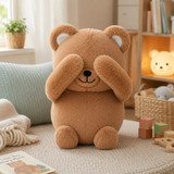 Lifestyle image of the cute brown Teddy the Bear Boomeez with hands covering its eyes, playing peekaboo
