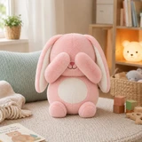Lifestyle image of the cute pink Rosie the Bunny Boomeez with hands covering its eyes