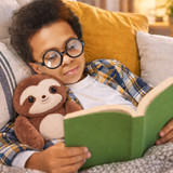 Cute brown Lazy Lou the Sloth Boomeez lifestyle image showing a little boy reading a book and hugging Lazy Lou the Sloth