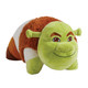 Shrek Pillow Pet in plush character form, featuring Shrek's smiling green face, signature ears, white tunic, and brown vest.