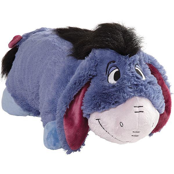 Eeyore Pillow Pet in plush character form, featuring soft blue-gray plush, floppy ears with pink inner lining, a black mane, a pink bow on his tail, embroidered eyes, and a gentle smile.