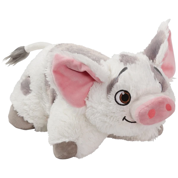 Pua Pillow Pet in plush character form, featuring soft white plush with gray spots, large pink ears, a pink snout, and a smiling embroidered face.