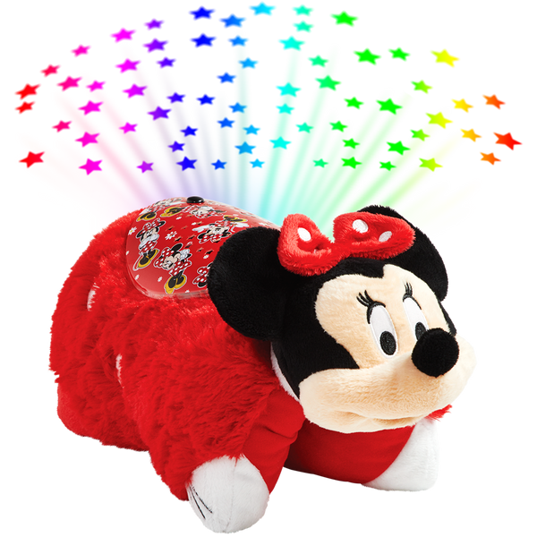 Minnie Mouse Sleeptime Lite projecting colorful stars onto the ceiling, featuring Minnie's black ears, red polka-dot bow and red polka-dot dress.