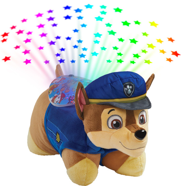 Chase Sleeptime Lite projecting colorful stars onto the ceiling, featuring Chase's brown fur, floppy ears, friendly smile, blue police uniform and hat.