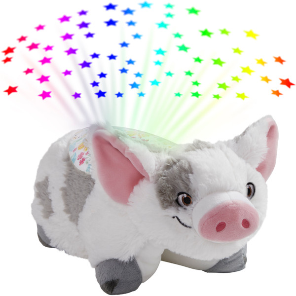 Pua Sleeptime Lite in plush character form projecting colorful stars onto the ceiling, featuring Pua's soft white and gray plush and sweet embroidered face.