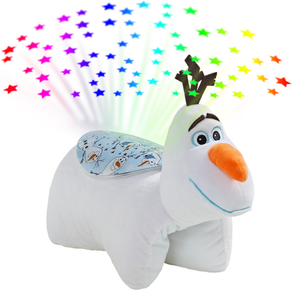 Olaf Sleeptime Lite in plush character form projecting colorful stars onto the ceiling, featuring Olaf's white snowman body, carrot nose, twig hair, and cheerful smile.