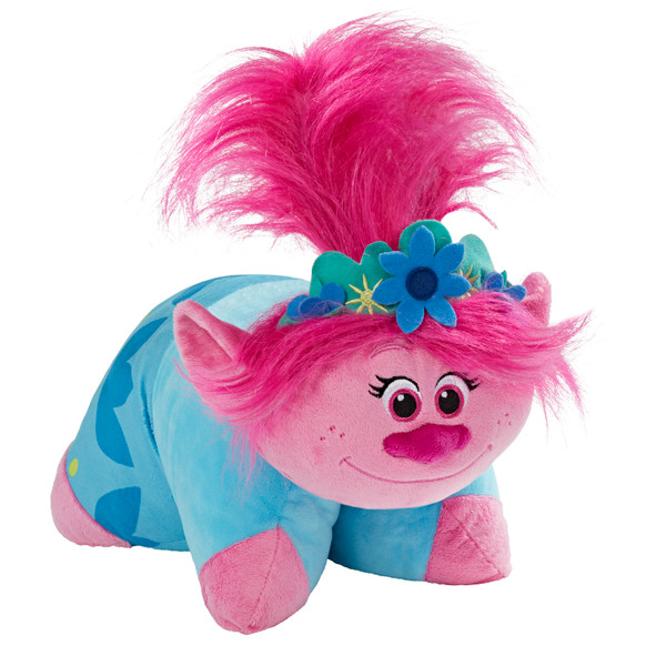 Trolls Poppy Pillow Pet folded in plush character form, featuring bright pink and blue fur, a tall pink hairstyle, a blue flower headband, and a cheerful smile.