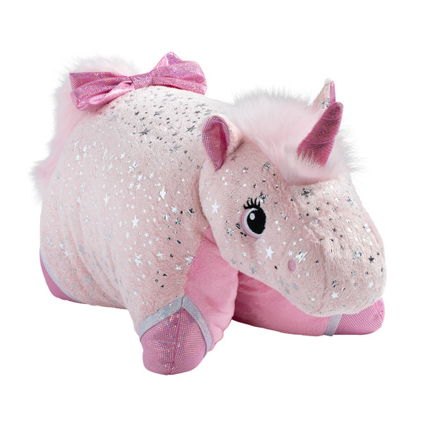 Sparkly Pink Unicorn Pillow Pet in plush character form, featuring soft pink fur, silver star accents, a sparkly pink horn, fluffy pink mane and tail, a pink bow, and shimmering pink hooves.