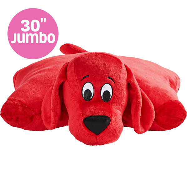 Jumbo 30in Clifford the Big Red Dog Pillow Pet in plush pillow form, featuring bright red fur, floppy ears, a black nose, and a friendly smile.