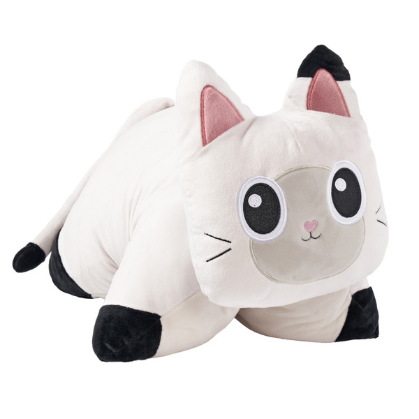 Pandy Paws Pillow Pet in plush character form, featuring black and white fur, pointy ears, and a cheerful embroidered face.