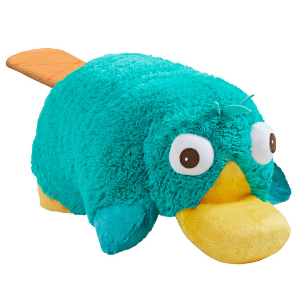 Perry the Platypus Pillow Pet in plush character form, featuring teal fur, a yellow bill, and Perry's signature brown fedora.