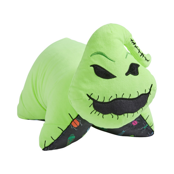 Oogie Boogie Pillow Pet in plush character form, featuring green fabric, stitched details, black eyes, and a wide smile.
