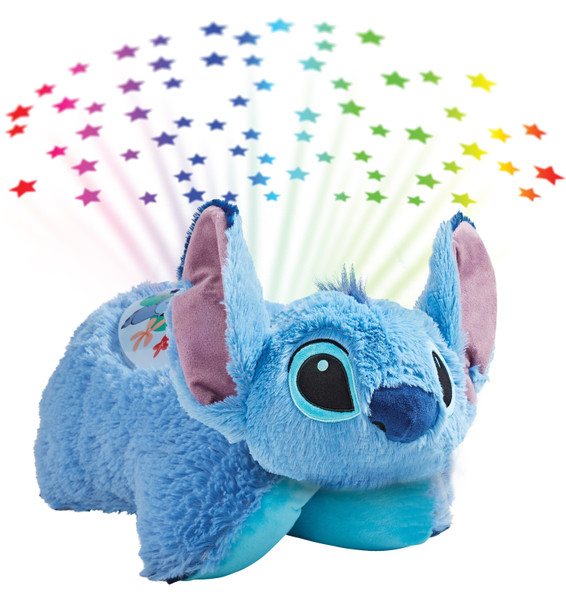 Stitch Sleeptime Lite folded in character shape while projecting colorful rainbow stars onto the ceiling.